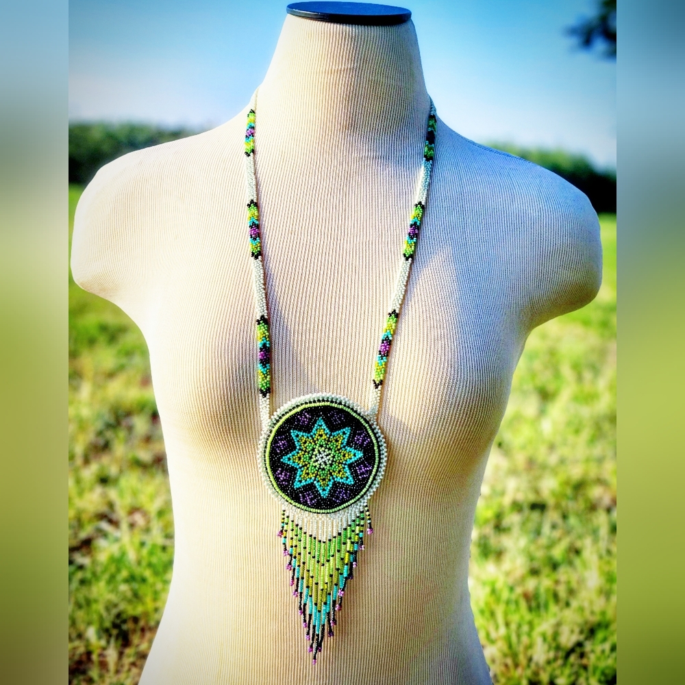 Hikuri/Huichol Necklace Chaquira Beads & Leather Pocket Unisex.